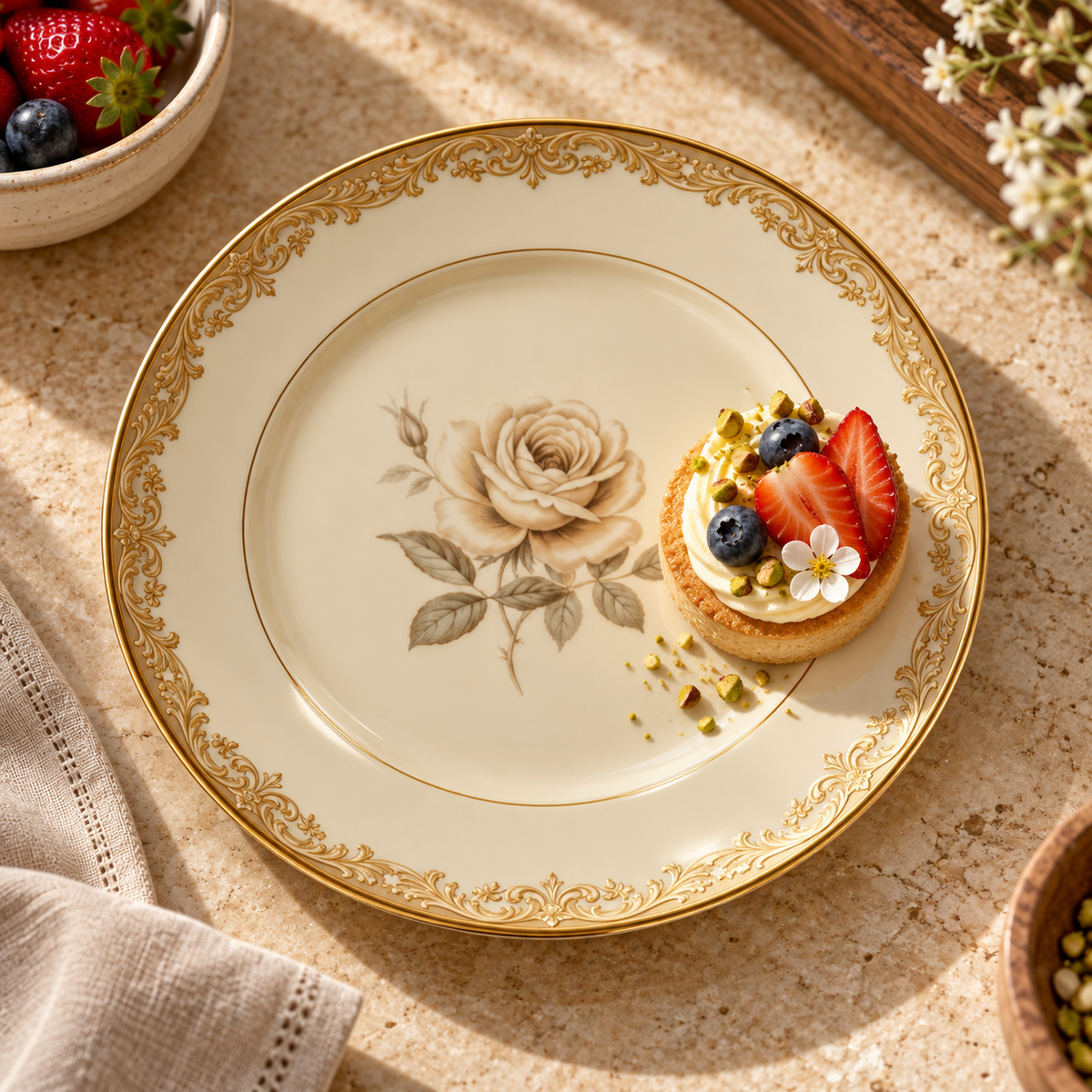 Plato de postre con borde dorado — segunda vista